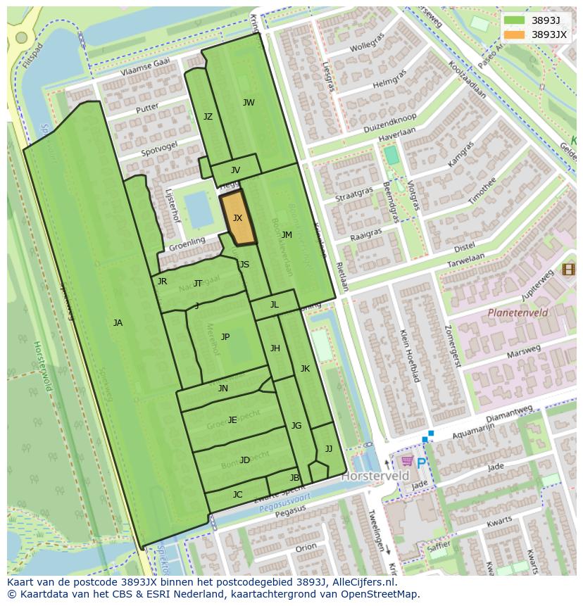 Afbeelding van het postcodegebied 3893 JX op de kaart.