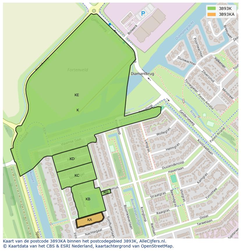 Afbeelding van het postcodegebied 3893 KA op de kaart.