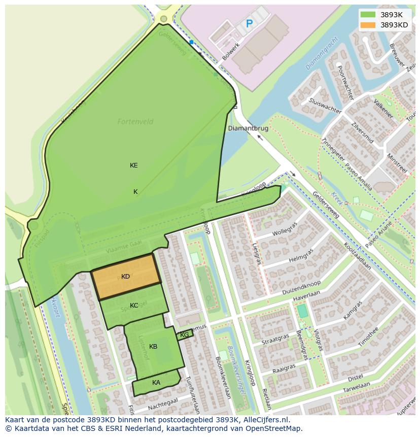 Afbeelding van het postcodegebied 3893 KD op de kaart.