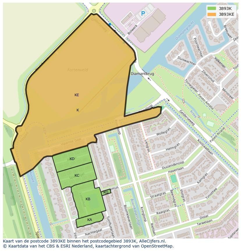 Afbeelding van het postcodegebied 3893 KE op de kaart.