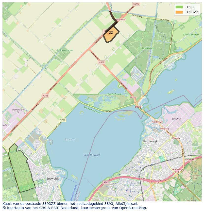 Afbeelding van het postcodegebied 3893 ZZ op de kaart.