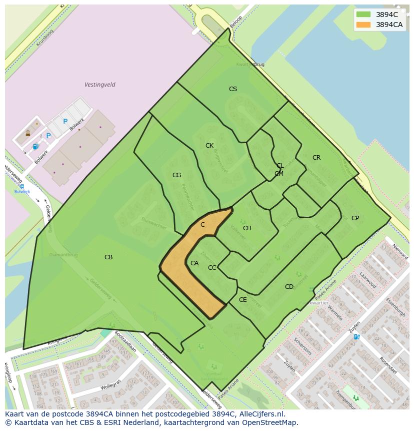 Afbeelding van het postcodegebied 3894 CA op de kaart.