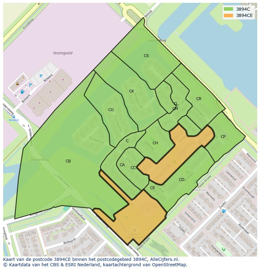 Afbeelding van het postcodegebied 3894 CE op de kaart.