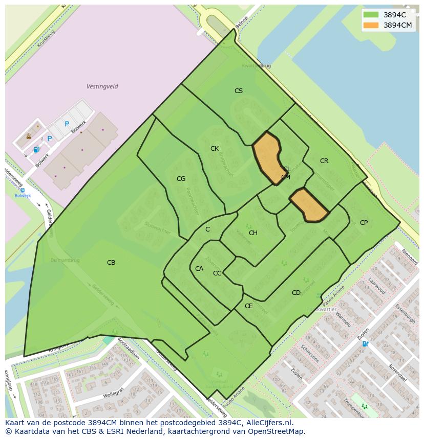 Afbeelding van het postcodegebied 3894 CM op de kaart.