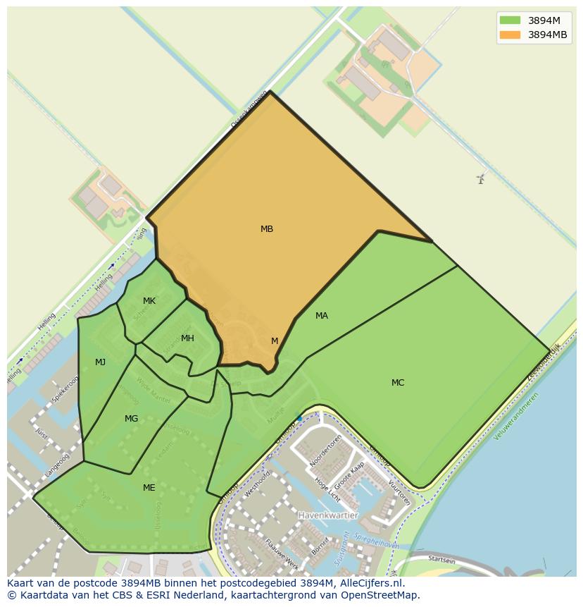 Afbeelding van het postcodegebied 3894 MB op de kaart.