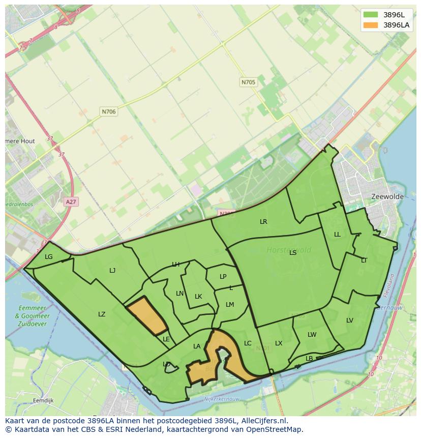 Afbeelding van het postcodegebied 3896 LA op de kaart.
