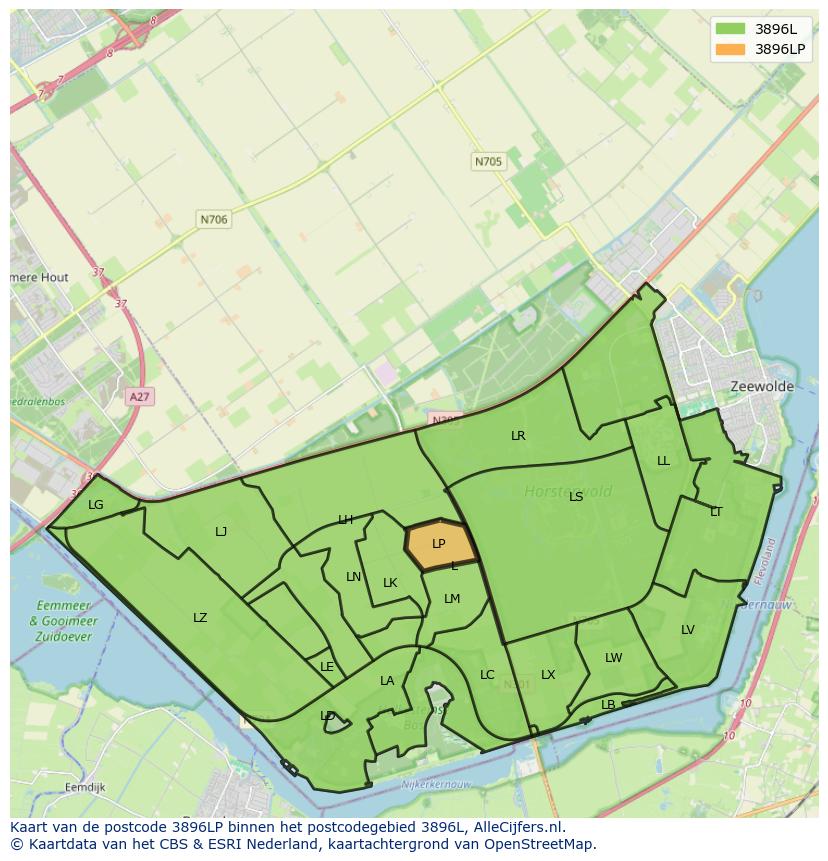 Afbeelding van het postcodegebied 3896 LP op de kaart.