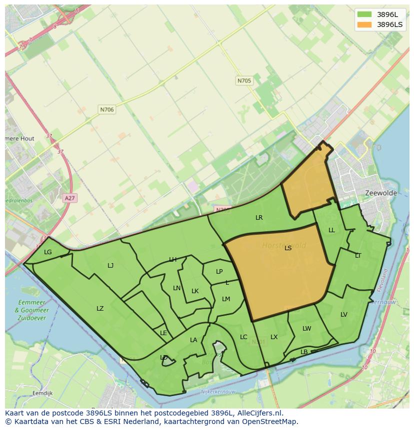 Afbeelding van het postcodegebied 3896 LS op de kaart.