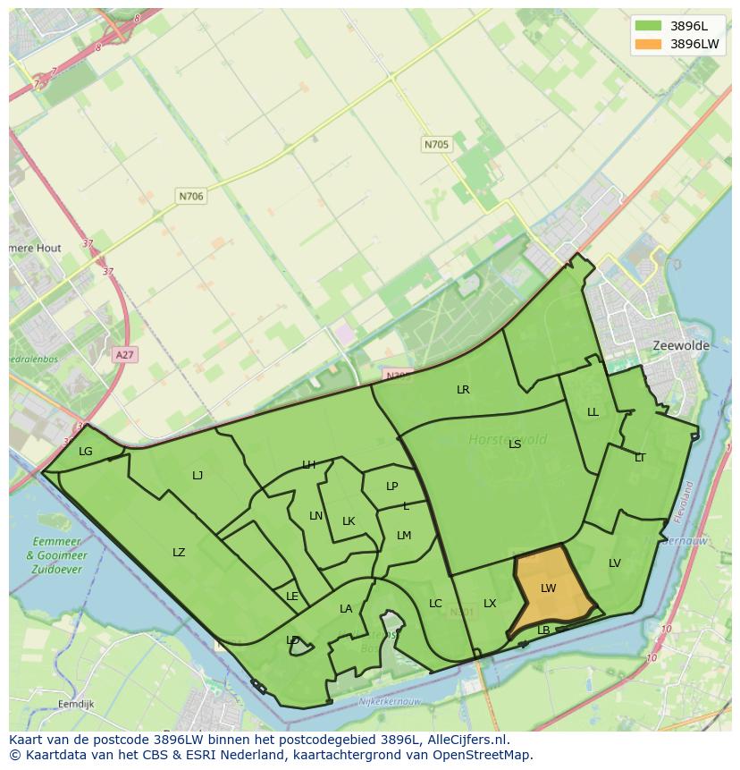 Afbeelding van het postcodegebied 3896 LW op de kaart.