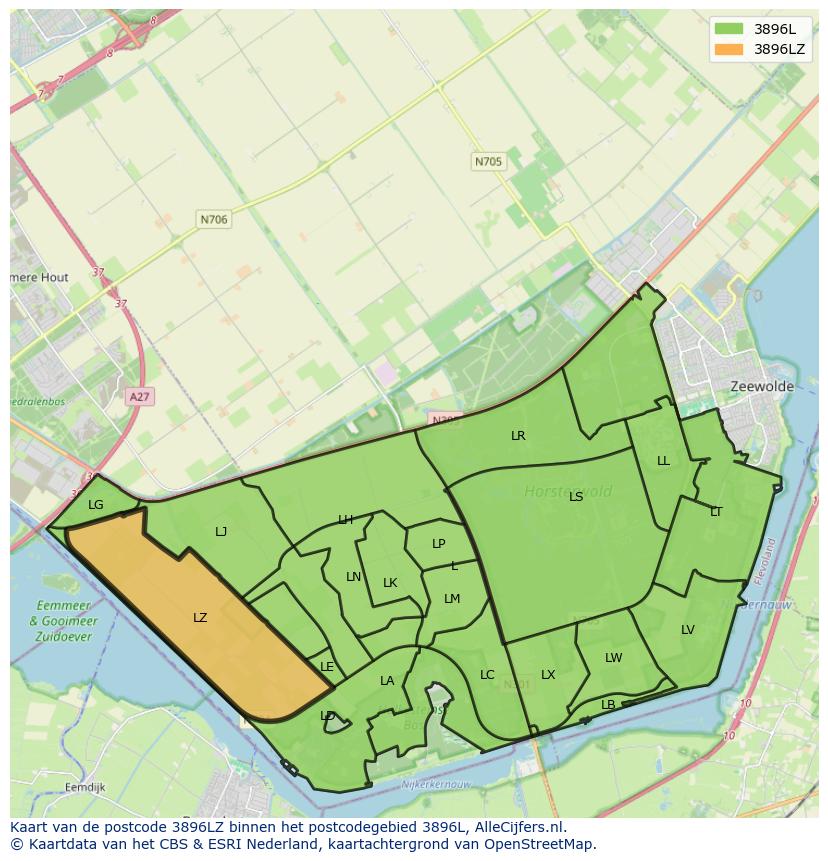 Afbeelding van het postcodegebied 3896 LZ op de kaart.