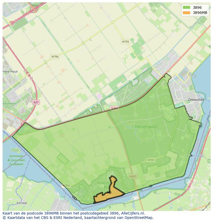 Afbeelding van het postcodegebied 3896 MB op de kaart.