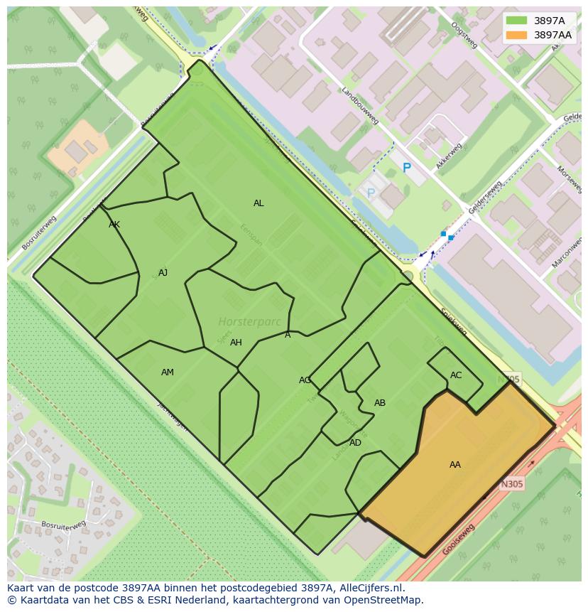 Afbeelding van het postcodegebied 3897 AA op de kaart.
