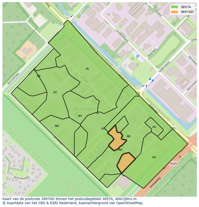 Afbeelding van het postcodegebied 3897 AD op de kaart.