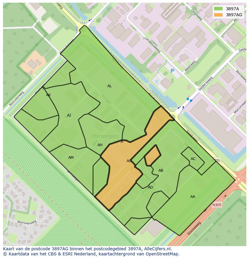 Afbeelding van het postcodegebied 3897 AG op de kaart.