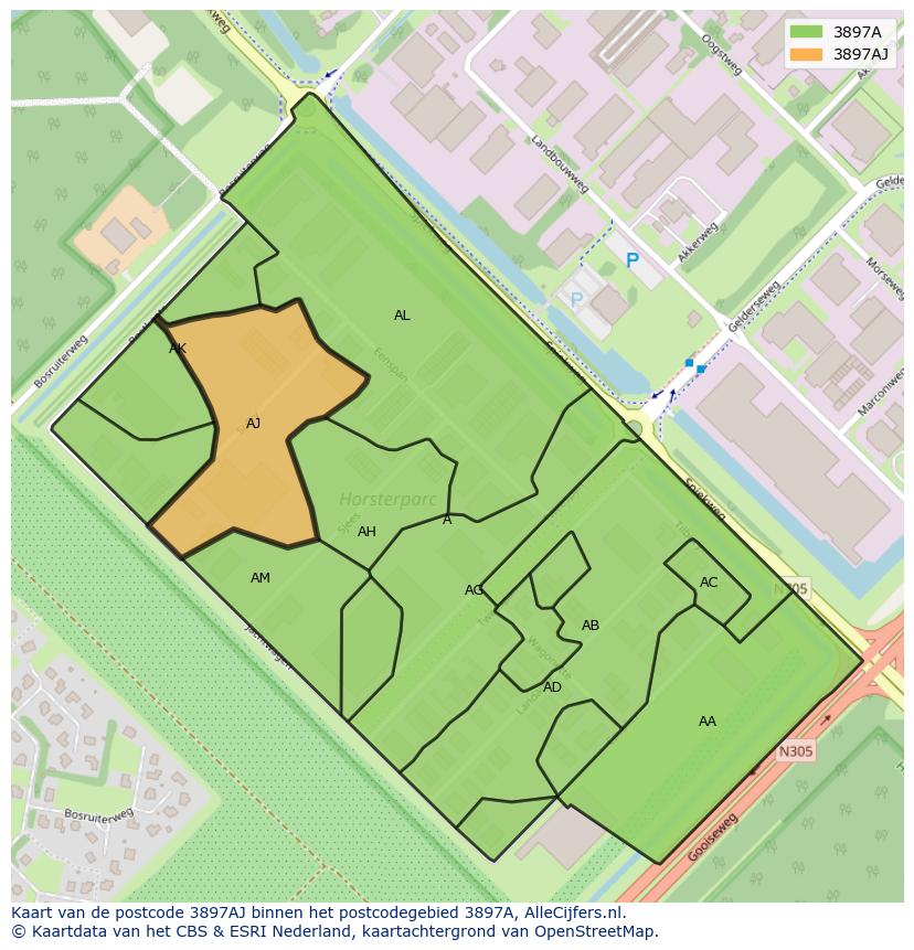 Afbeelding van het postcodegebied 3897 AJ op de kaart.