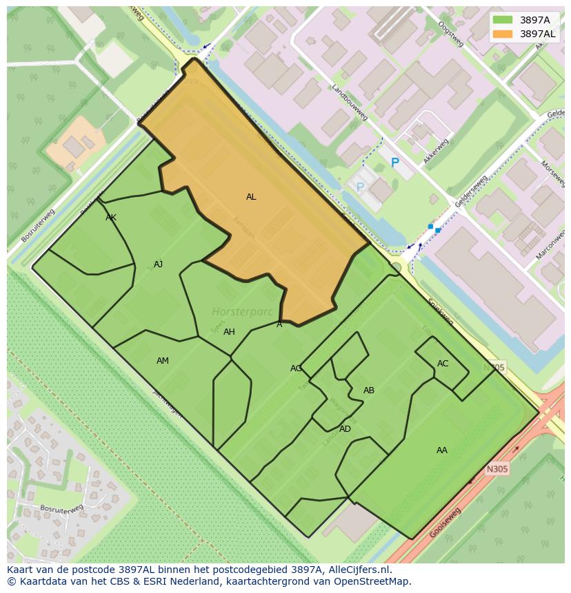 Afbeelding van het postcodegebied 3897 AL op de kaart.