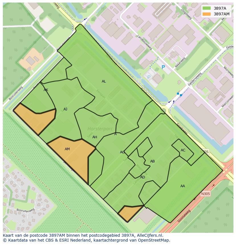 Afbeelding van het postcodegebied 3897 AM op de kaart.