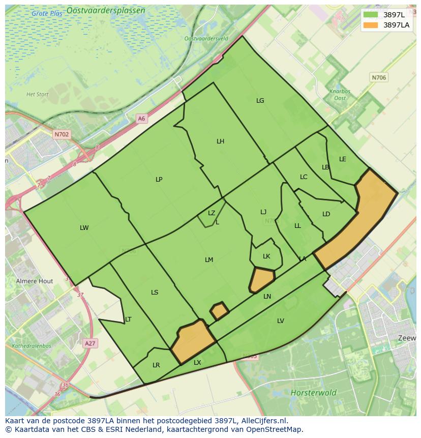Afbeelding van het postcodegebied 3897 LA op de kaart.