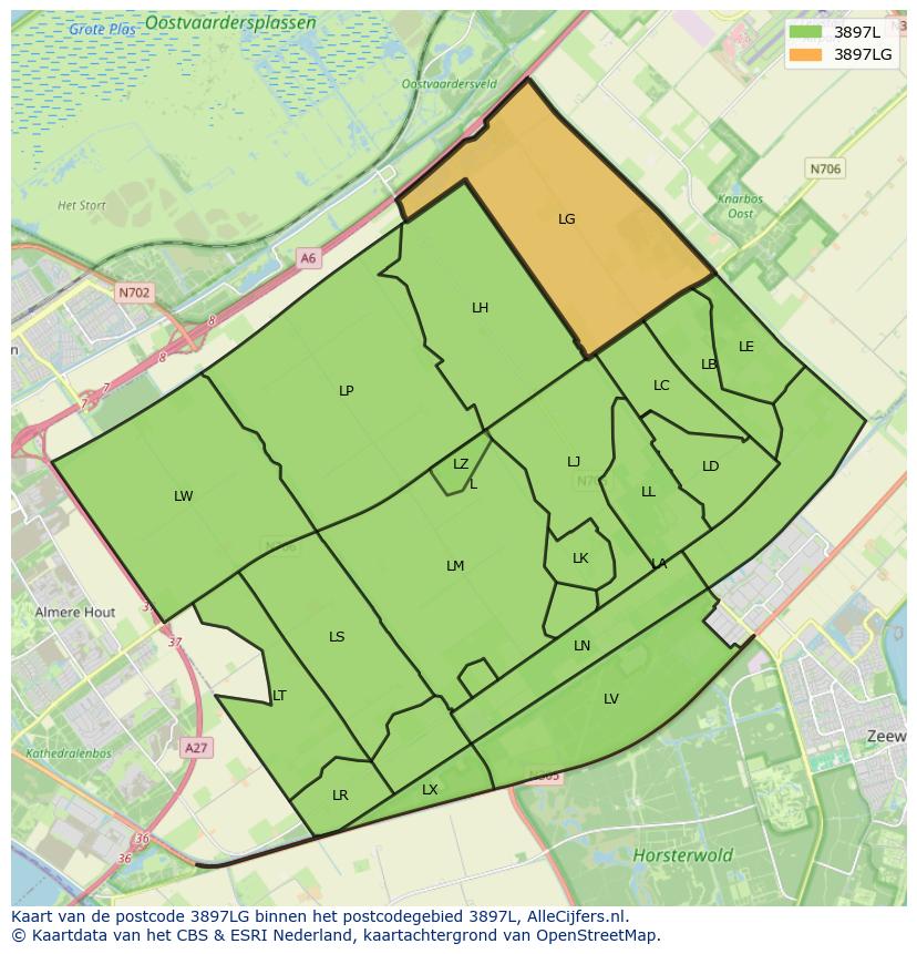 Afbeelding van het postcodegebied 3897 LG op de kaart.
