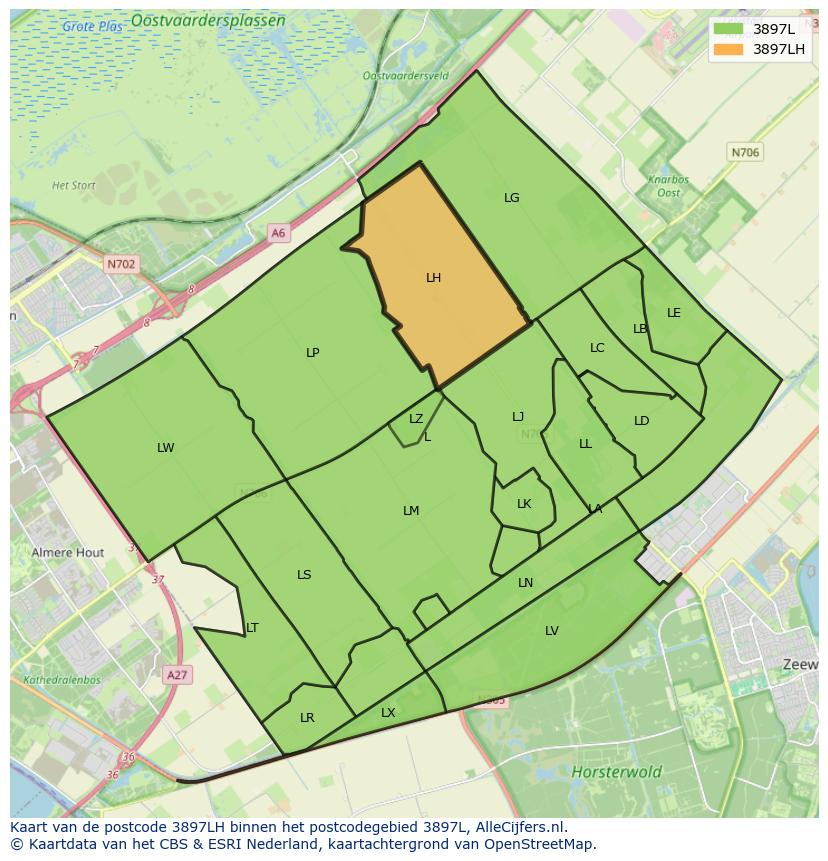 Afbeelding van het postcodegebied 3897 LH op de kaart.