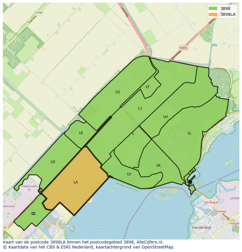 Afbeelding van het postcodegebied 3898 LA op de kaart.