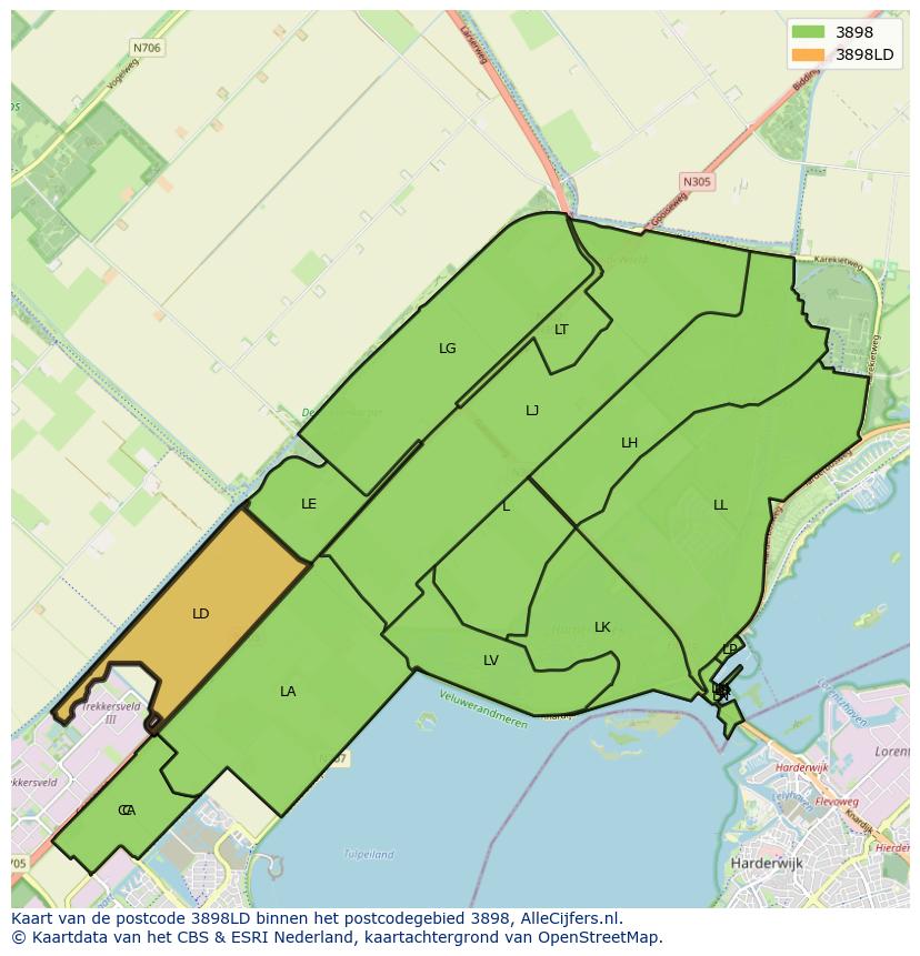 Afbeelding van het postcodegebied 3898 LD op de kaart.