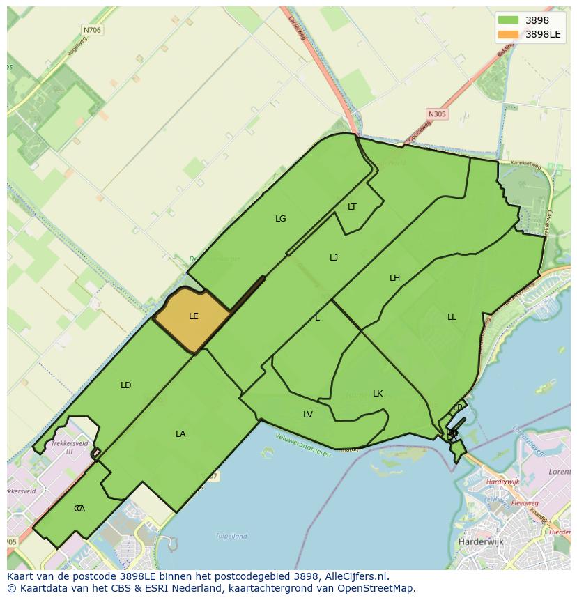 Afbeelding van het postcodegebied 3898 LE op de kaart.