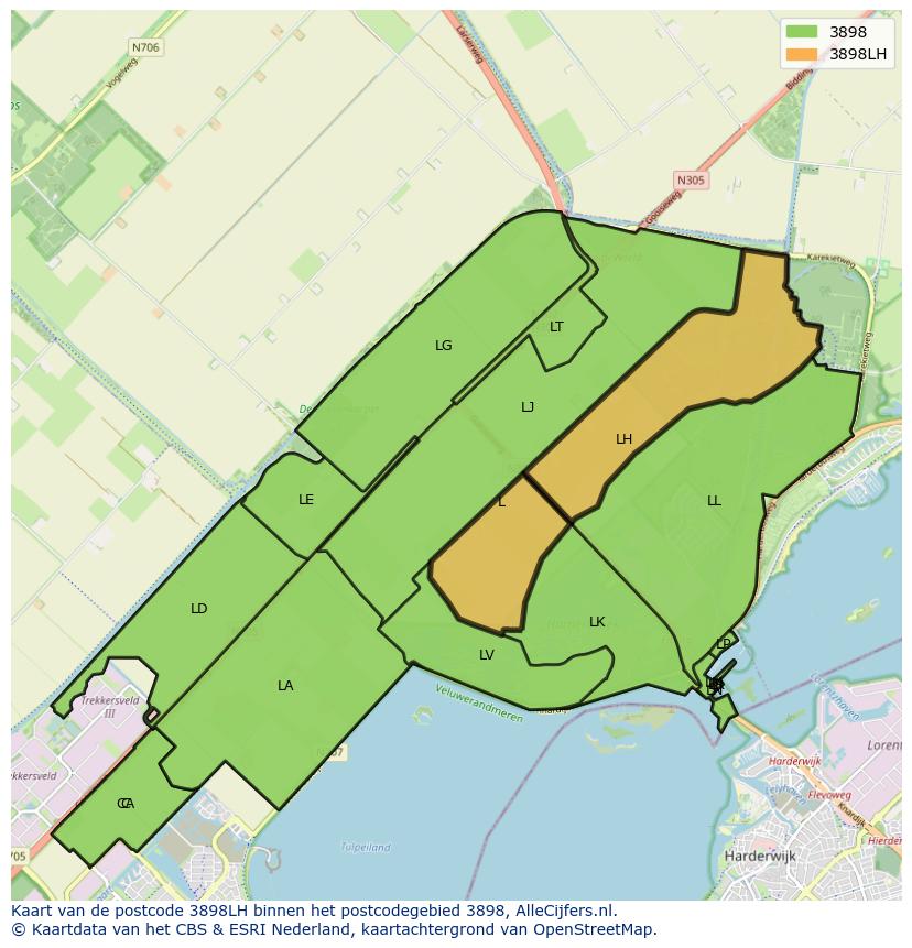 Afbeelding van het postcodegebied 3898 LH op de kaart.