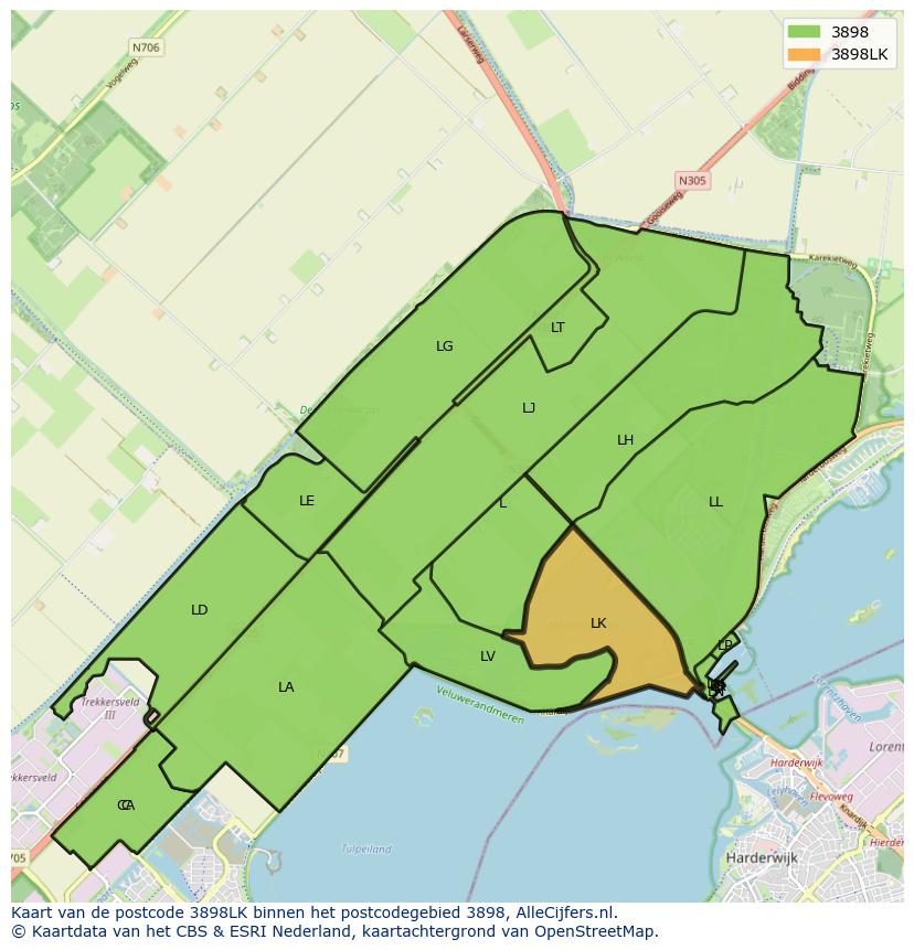 Afbeelding van het postcodegebied 3898 LK op de kaart.
