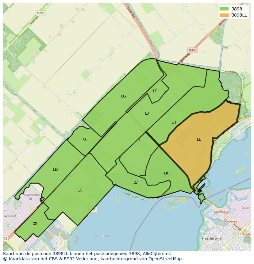 Afbeelding van het postcodegebied 3898 LL op de kaart.