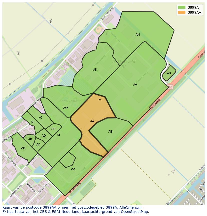 Afbeelding van het postcodegebied 3899 AA op de kaart.