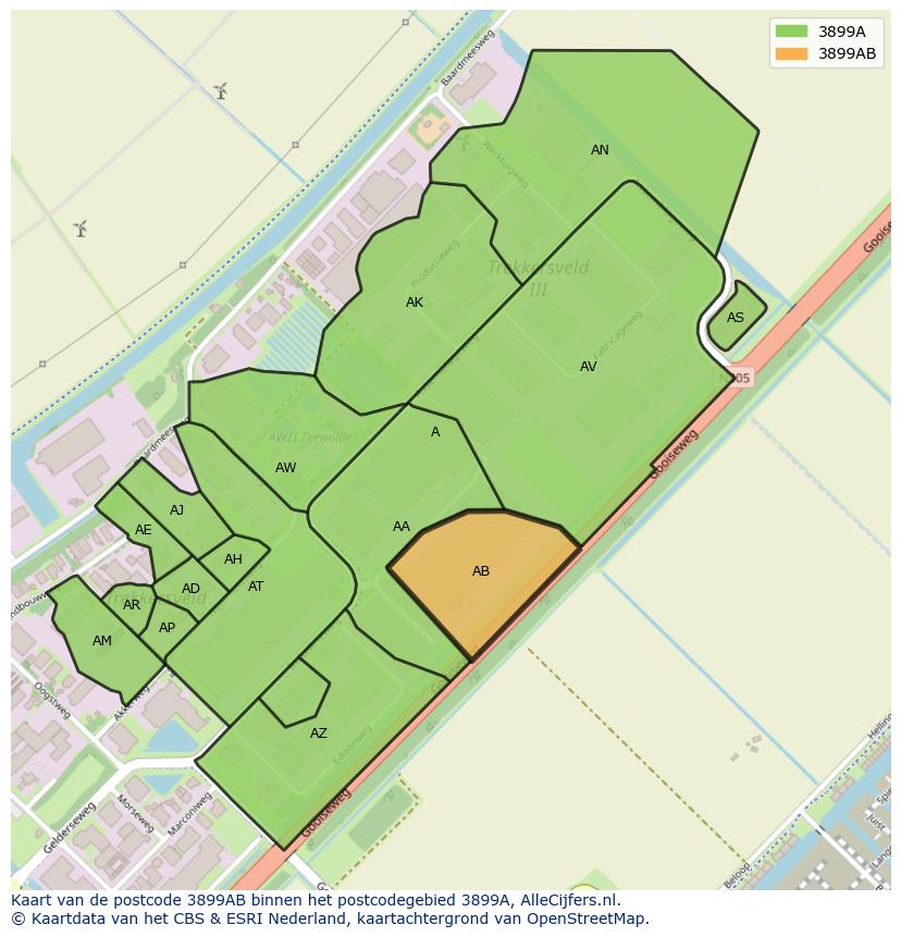 Afbeelding van het postcodegebied 3899 AB op de kaart.