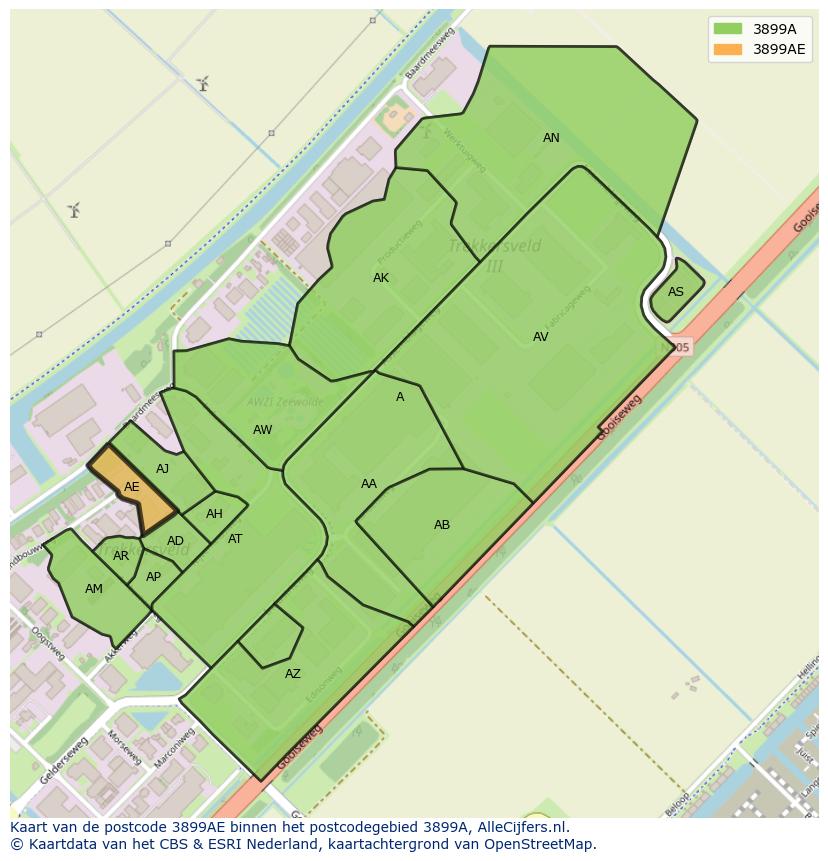 Afbeelding van het postcodegebied 3899 AE op de kaart.
