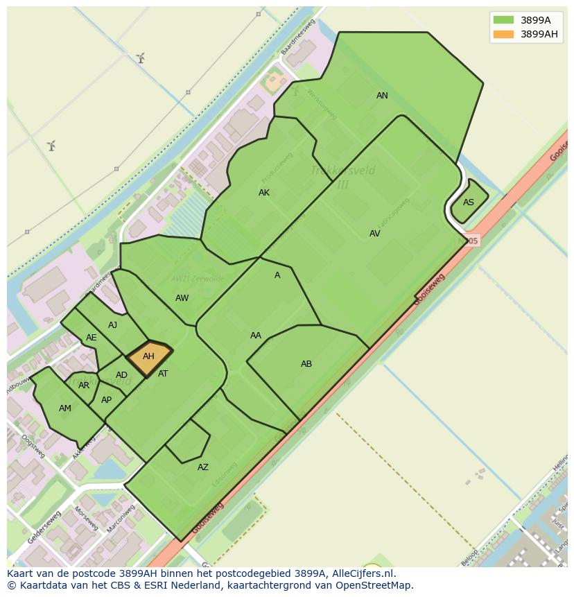 Afbeelding van het postcodegebied 3899 AH op de kaart.
