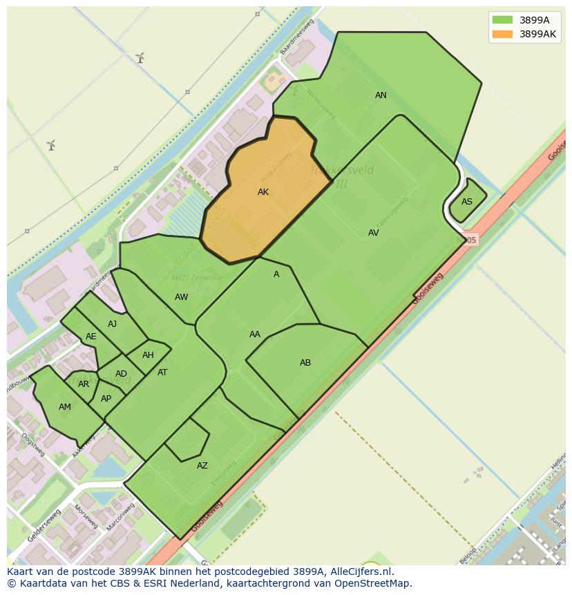 Afbeelding van het postcodegebied 3899 AK op de kaart.