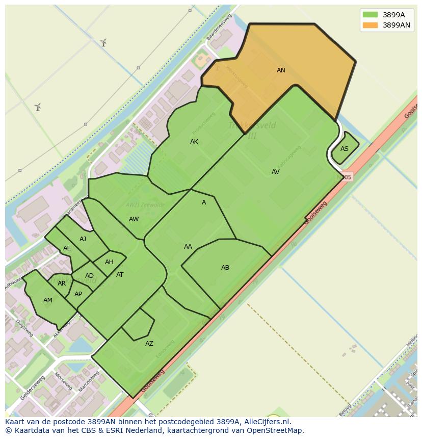 Afbeelding van het postcodegebied 3899 AN op de kaart.