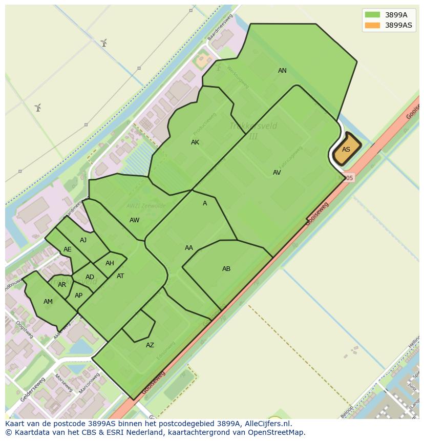 Afbeelding van het postcodegebied 3899 AS op de kaart.