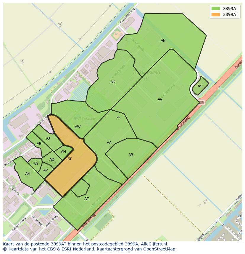 Afbeelding van het postcodegebied 3899 AT op de kaart.
