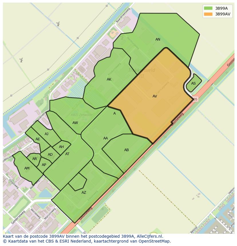 Afbeelding van het postcodegebied 3899 AV op de kaart.