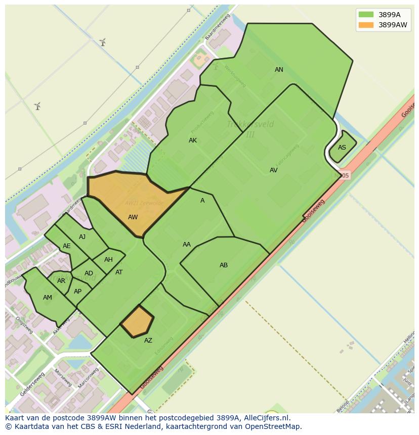 Afbeelding van het postcodegebied 3899 AW op de kaart.