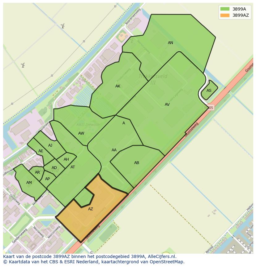 Afbeelding van het postcodegebied 3899 AZ op de kaart.