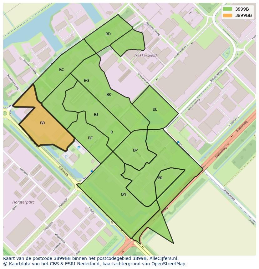Afbeelding van het postcodegebied 3899 BB op de kaart.