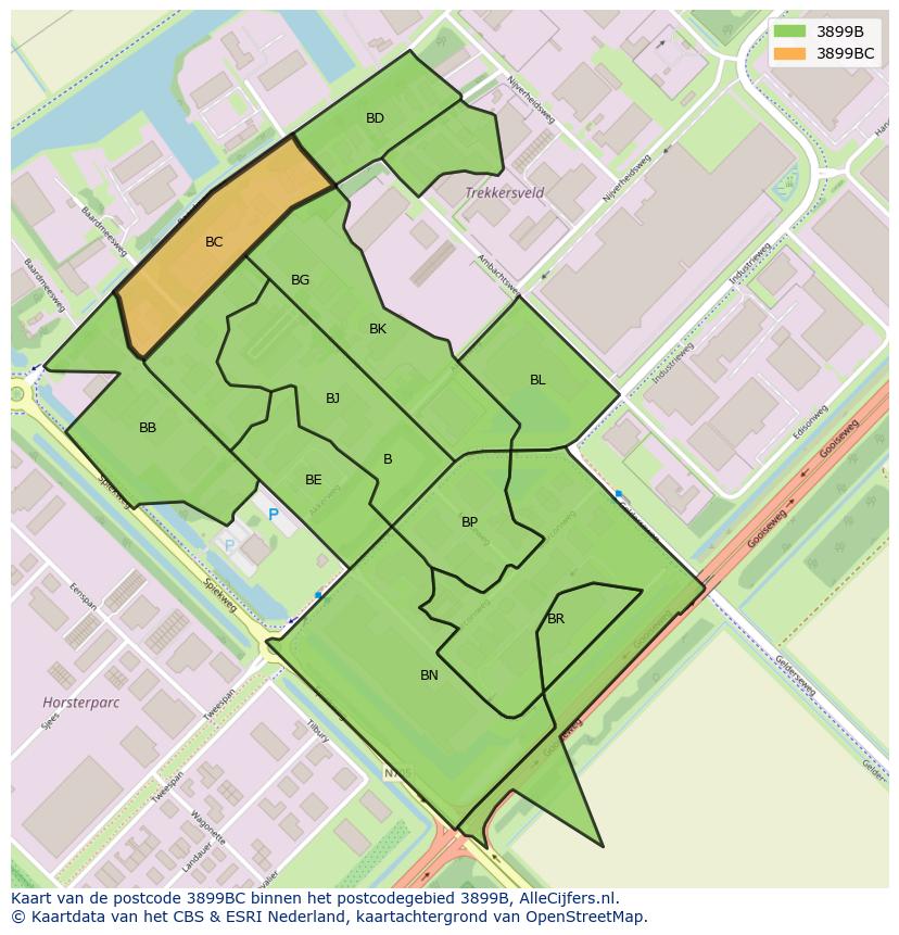 Afbeelding van het postcodegebied 3899 BC op de kaart.