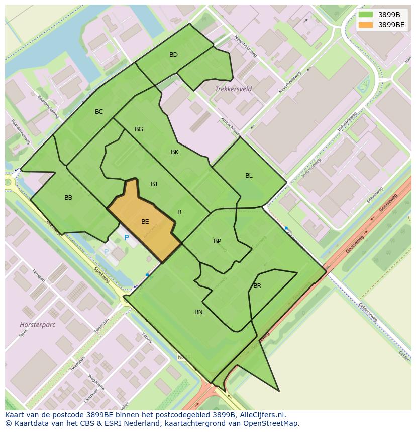 Afbeelding van het postcodegebied 3899 BE op de kaart.