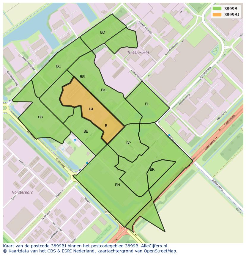 Afbeelding van het postcodegebied 3899 BJ op de kaart.