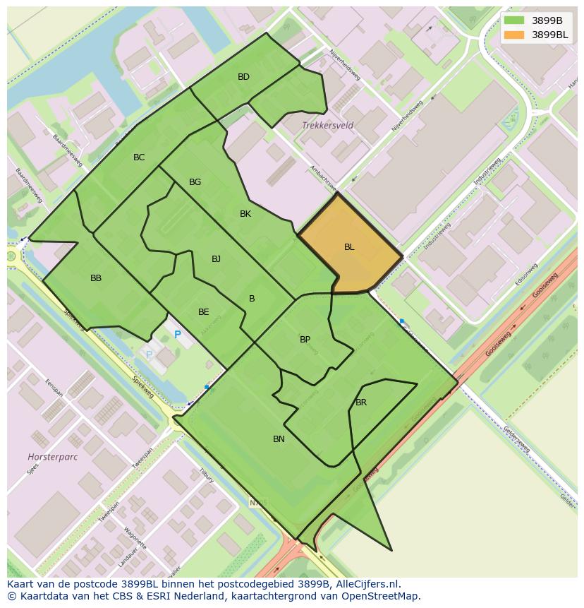 Afbeelding van het postcodegebied 3899 BL op de kaart.