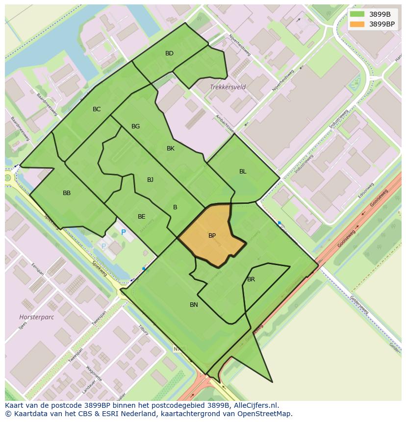 Afbeelding van het postcodegebied 3899 BP op de kaart.