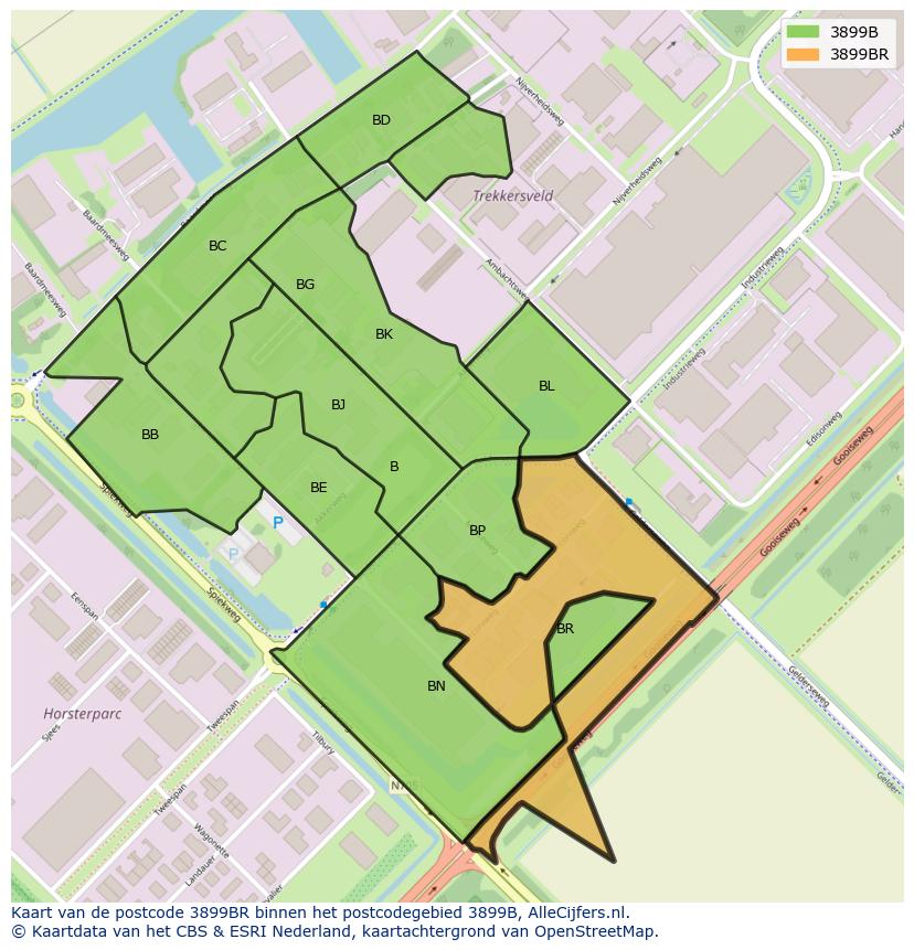 Afbeelding van het postcodegebied 3899 BR op de kaart.