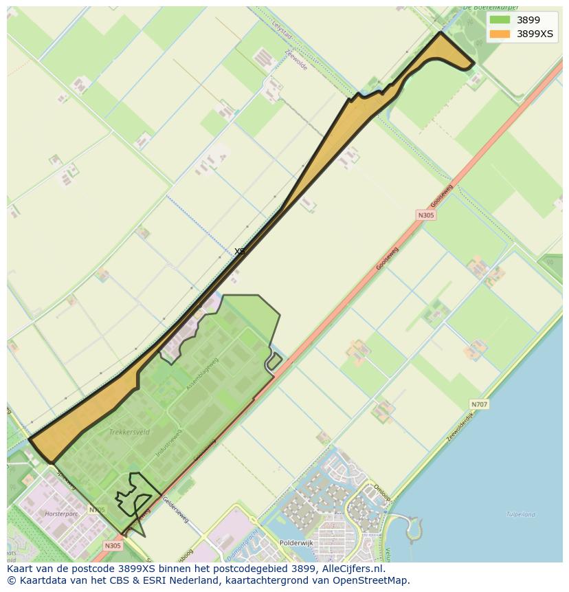 Afbeelding van het postcodegebied 3899 XS op de kaart.