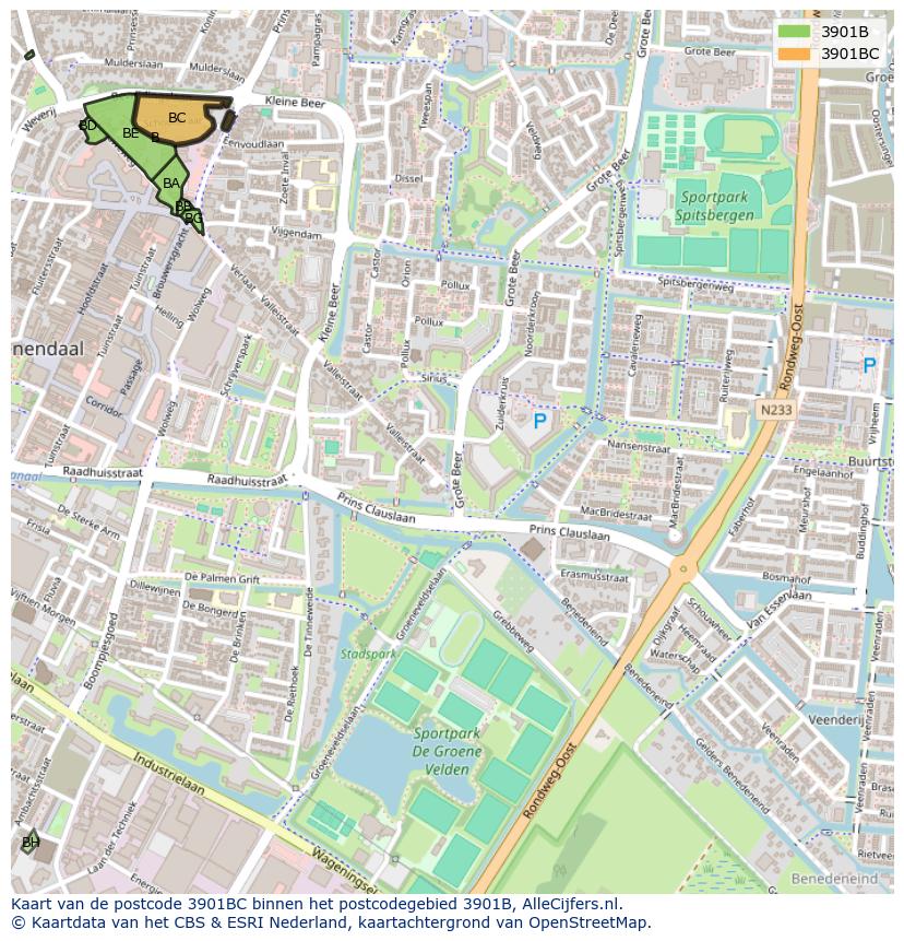 Afbeelding van het postcodegebied 3901 BC op de kaart.